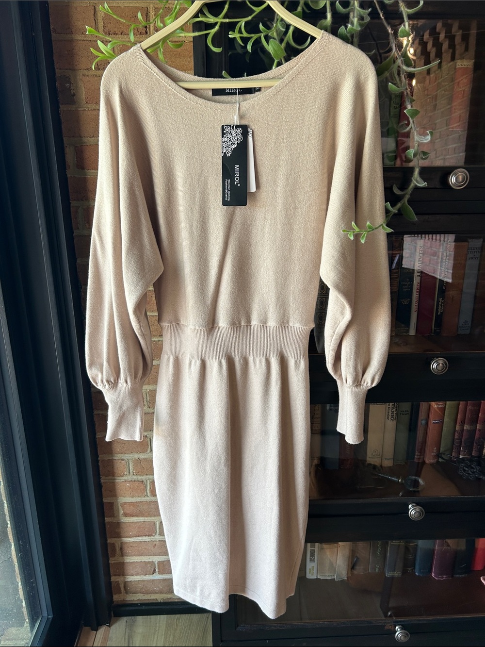 Knit Balloon-Sleeve Midi Dress in Cream